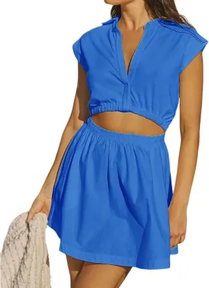 Smoneyful Womens 2 Piece Outfits, Cap Sleeve V Neck Crop Top with Elastic High Waist Flowy Mini Skirt Sets, Casual Lounge