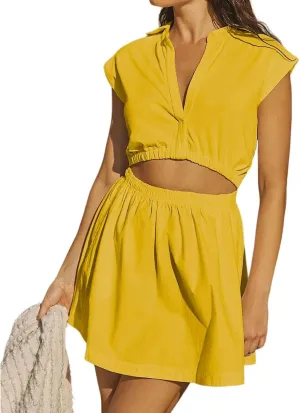 Smoneyful Womens 2 Piece Outfits, Cap Sleeve V Neck Crop Top with Elastic High Waist Flowy Mini Skirt Sets, Casual Lounge
