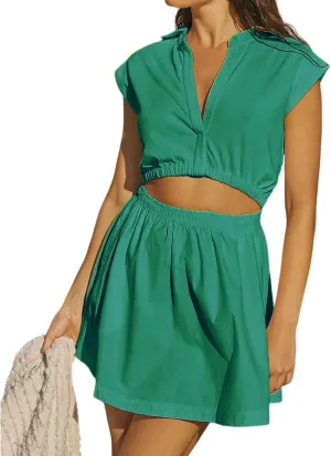 Smoneyful Womens 2 Piece Outfits, Cap Sleeve V Neck Crop Top with Elastic High Waist Flowy Mini Skirt Sets, Casual Lounge