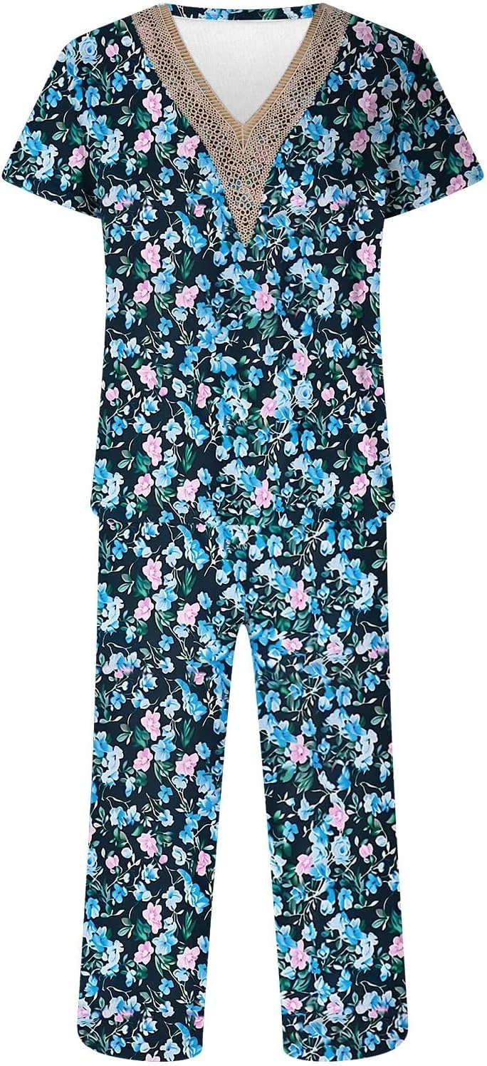 Smoneyful Womens Pajamas Set, Short Sleeve Lace V Neck Sleepwear Top with Capri Pants, Silk Satin Long Guipure