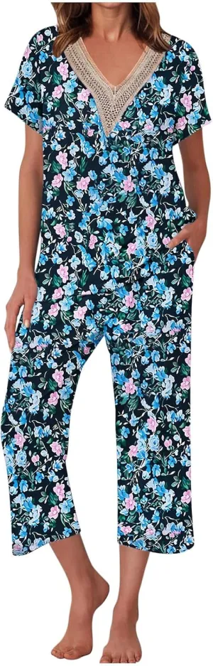Smoneyful Womens Pajamas Set, Short Sleeve Lace V Neck Sleepwear Top with Capri Pants, Silk Satin Long Guipure