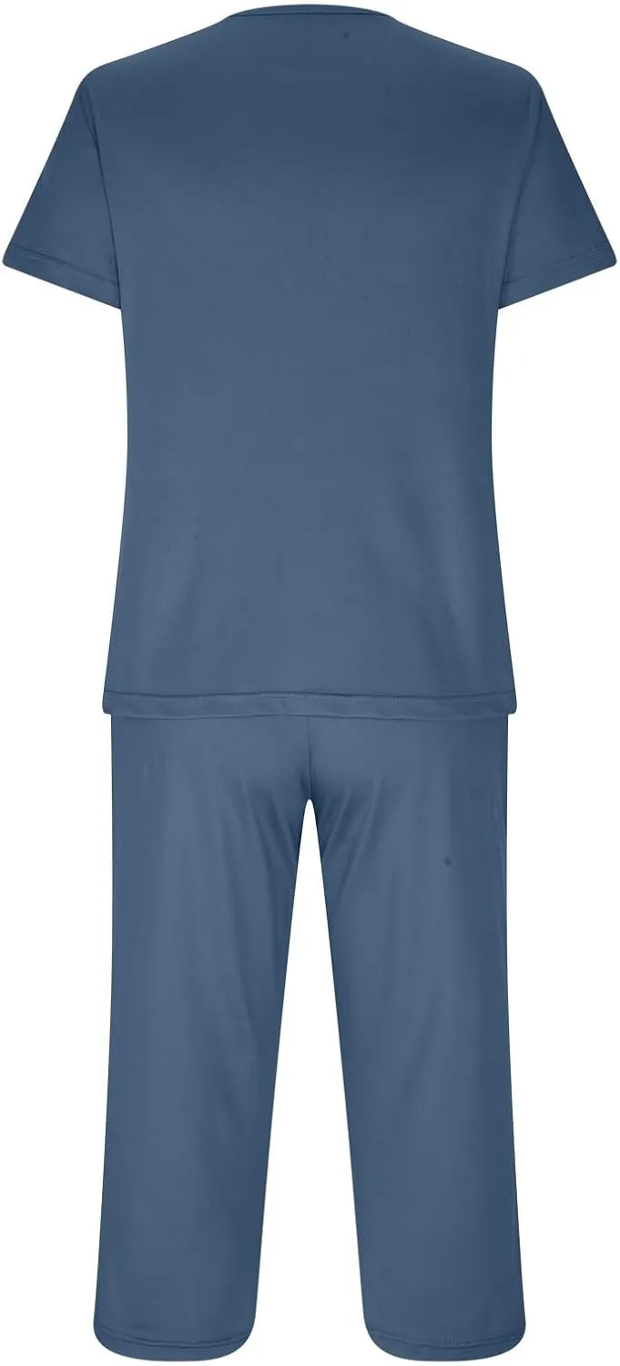 Smoneyful Womens Pajamas Set, Short Sleeve Lace V Neck Sleepwear Top with Capri Pants, Silk Satin Long Guipure