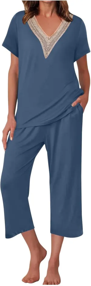 Smoneyful Womens Pajamas Set, Short Sleeve Lace V Neck Sleepwear Top with Capri Pants, Silk Satin Long Guipure