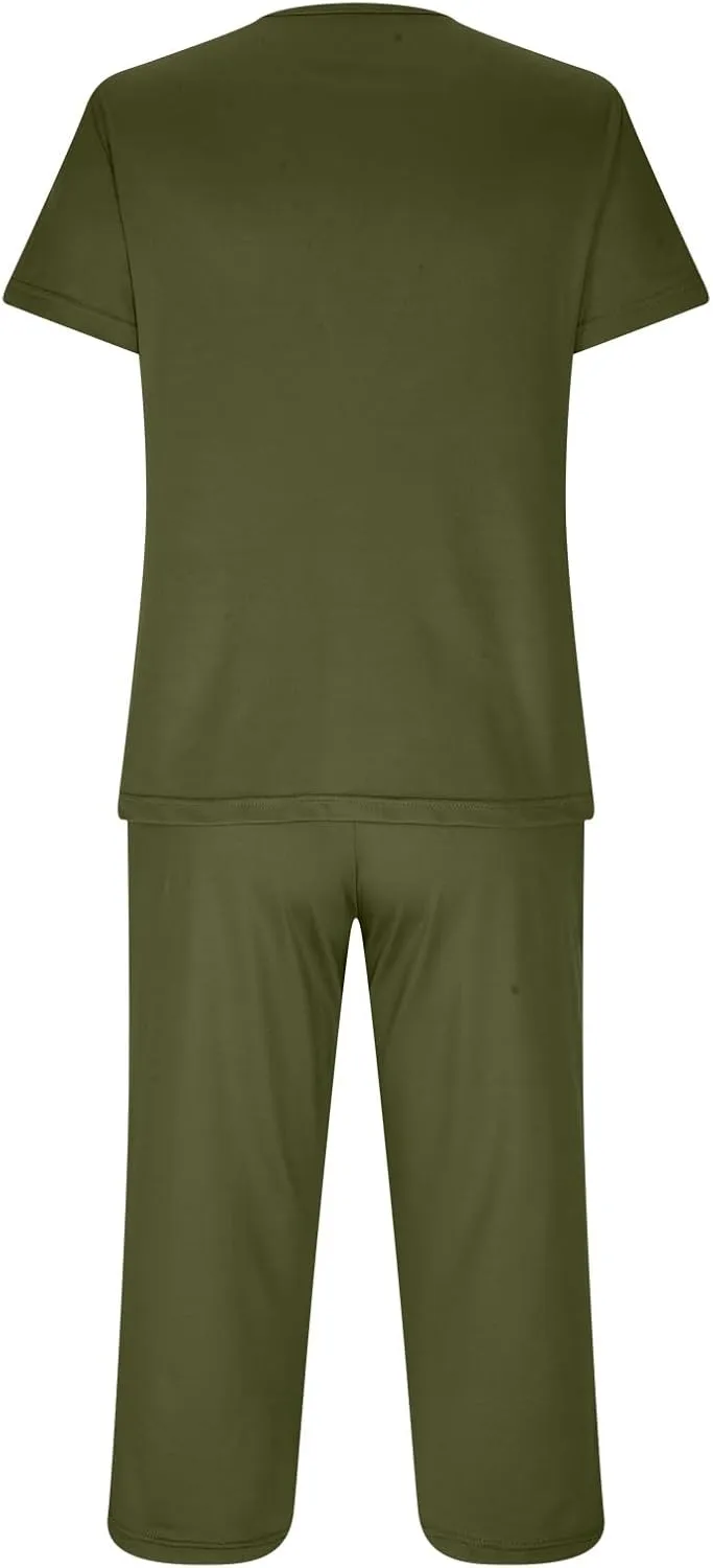 Smoneyful Womens Pajamas Set, Short Sleeve Lace V Neck Sleepwear Top with Capri Pants, Silk Satin Long Guipure
