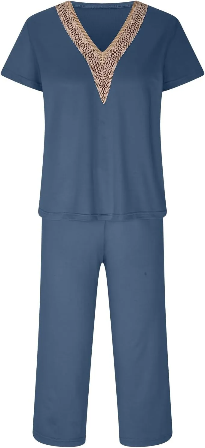 Smoneyful Womens Pajamas Set, Short Sleeve Lace V Neck Sleepwear Top with Capri Pants, Silk Satin Long Guipure