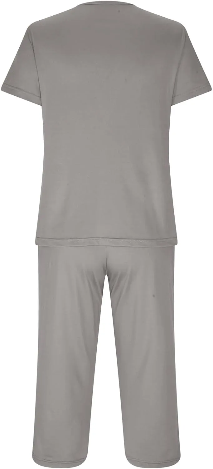 Smoneyful Womens Pajamas Set, Short Sleeve Lace V Neck Sleepwear Top with Capri Pants, Silk Satin Long Guipure