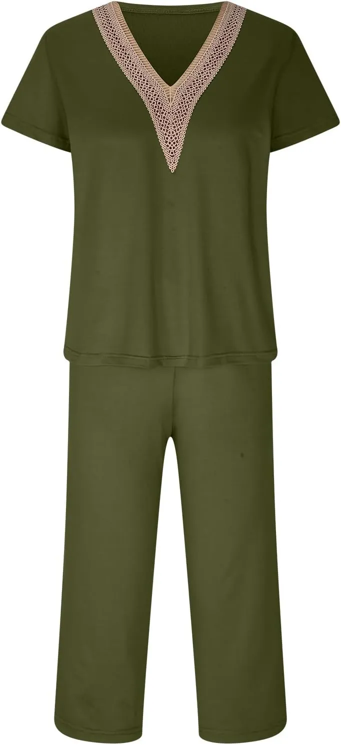 Smoneyful Womens Pajamas Set, Short Sleeve Lace V Neck Sleepwear Top with Capri Pants, Silk Satin Long Guipure
