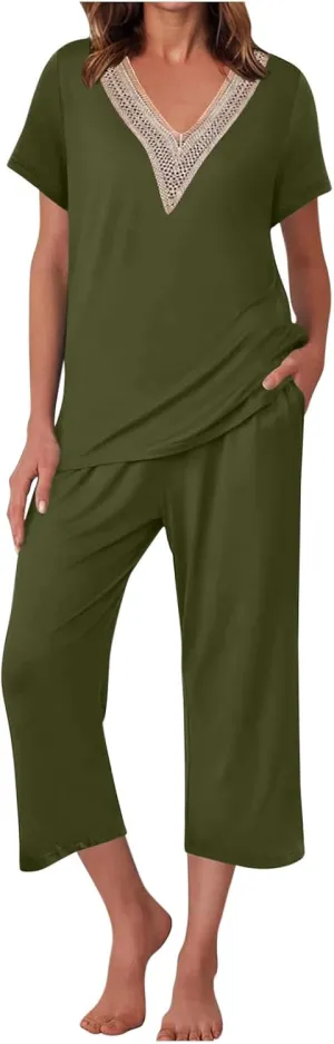 Smoneyful Womens Pajamas Set, Short Sleeve Lace V Neck Sleepwear Top with Capri Pants, Silk Satin Long Guipure