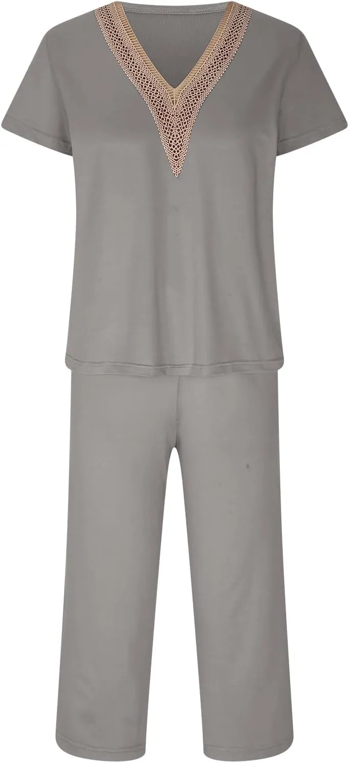 Smoneyful Womens Pajamas Set, Short Sleeve Lace V Neck Sleepwear Top with Capri Pants, Silk Satin Long Guipure