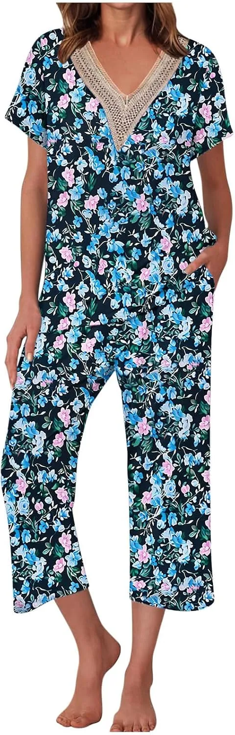 Smoneyful Womens Pajamas Set, Short Sleeve Lace V Neck Sleepwear Top with Capri Pants, Silk Satin Long Guipure