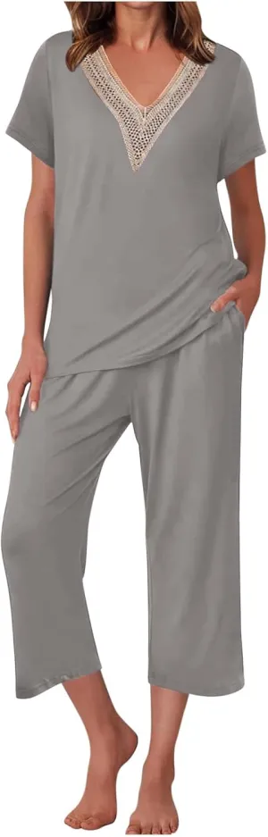 Smoneyful Womens Pajamas Set, Short Sleeve Lace V Neck Sleepwear Top with Capri Pants, Silk Satin Long Guipure