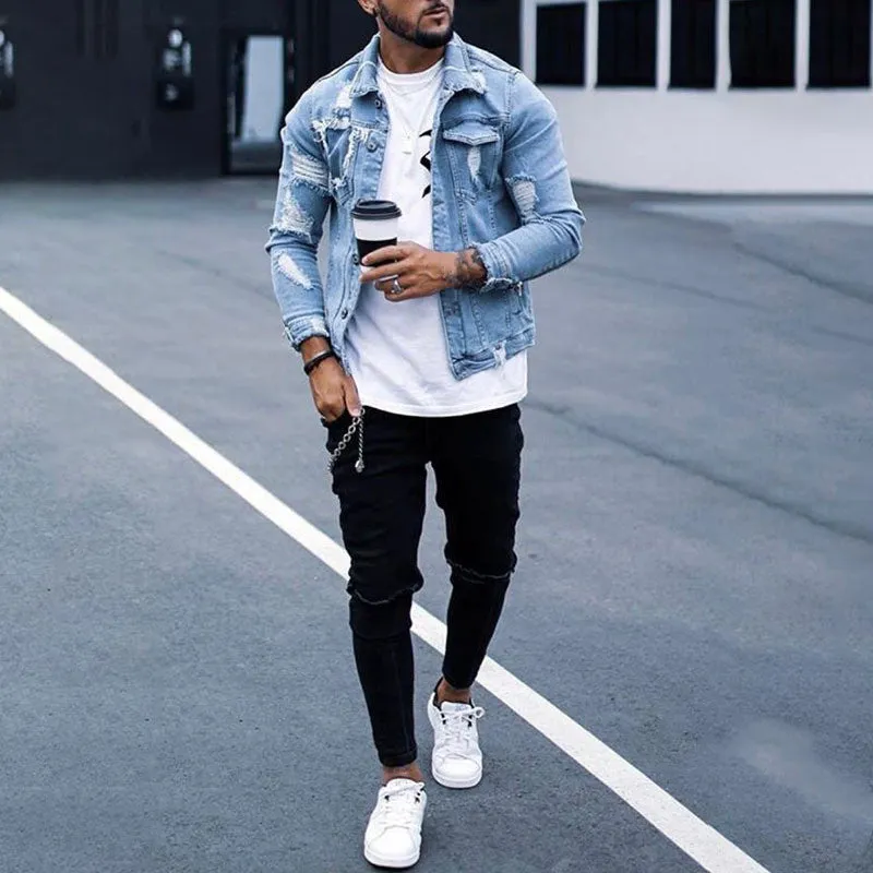 Spring and Autumn Men's Denim Jacket Ripped Hole Washed Jacket Men's