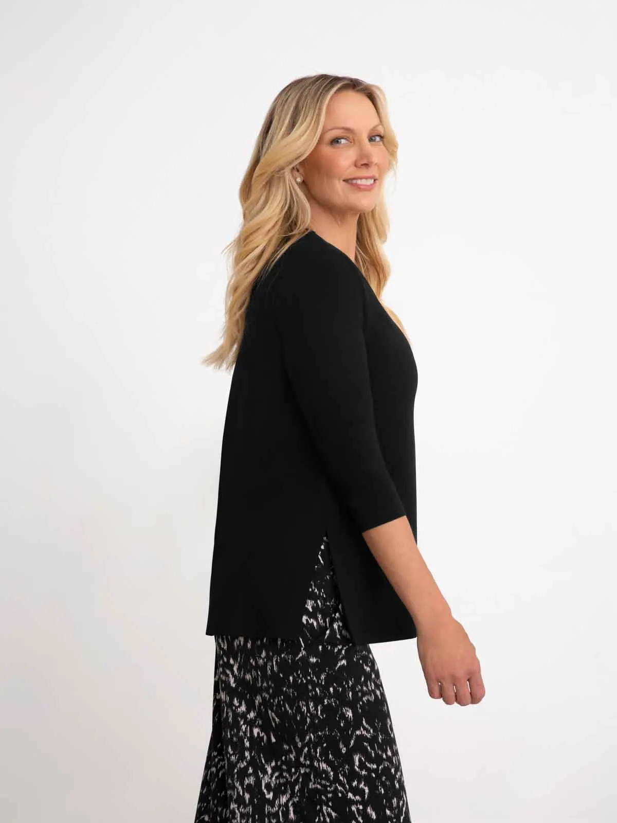 Square Neck Top, 3/4 Sleeve, Black