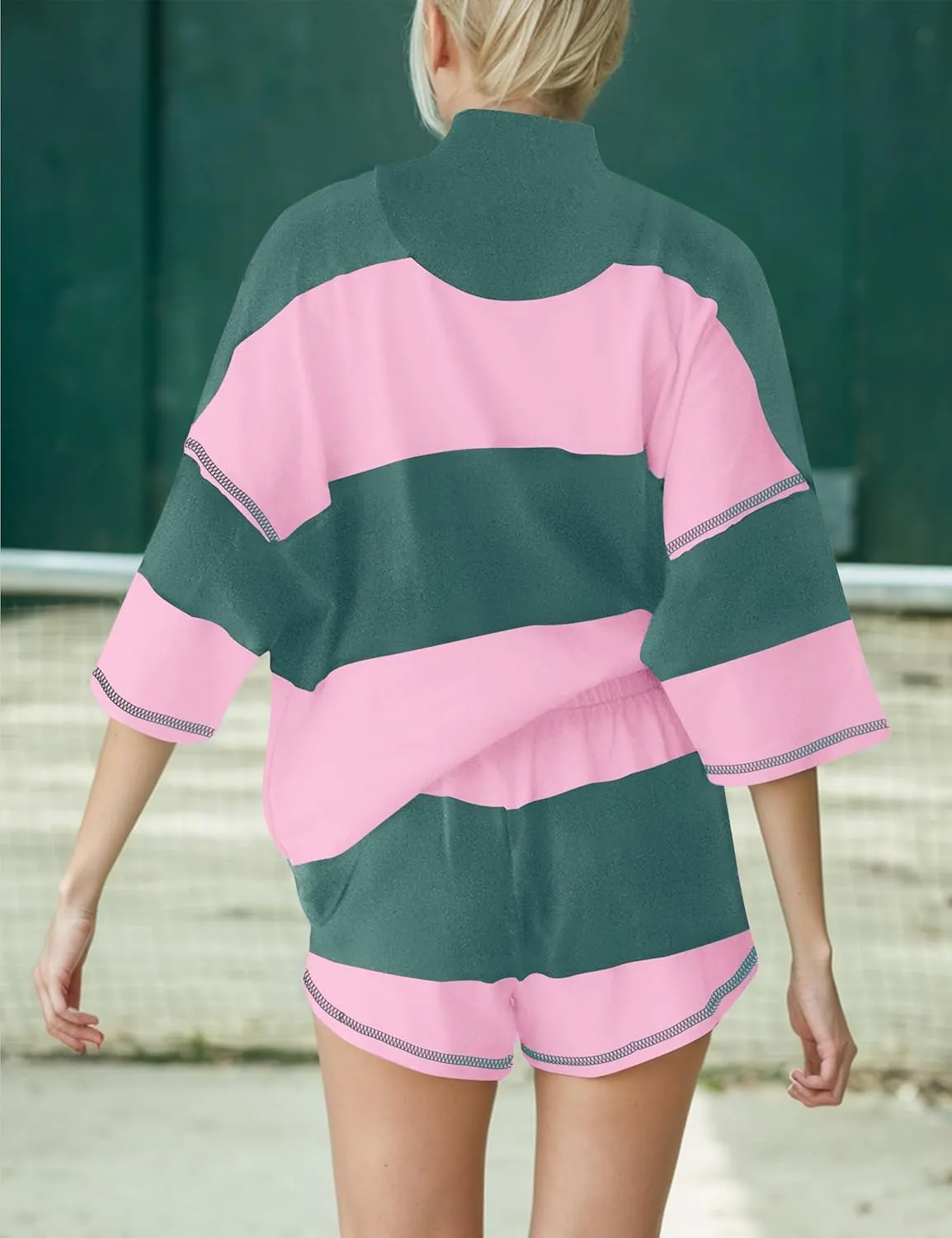 Striped 2 Piece Sweat Sets For Women Half Zip Short Sleeve T Shirts Shorts Sets Summer Lounge Sets Loose Workout Sets