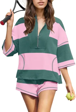 Striped 2 Piece Sweat Sets For Women Half Zip Short Sleeve T Shirts Shorts Sets Summer Lounge Sets Loose Workout Sets