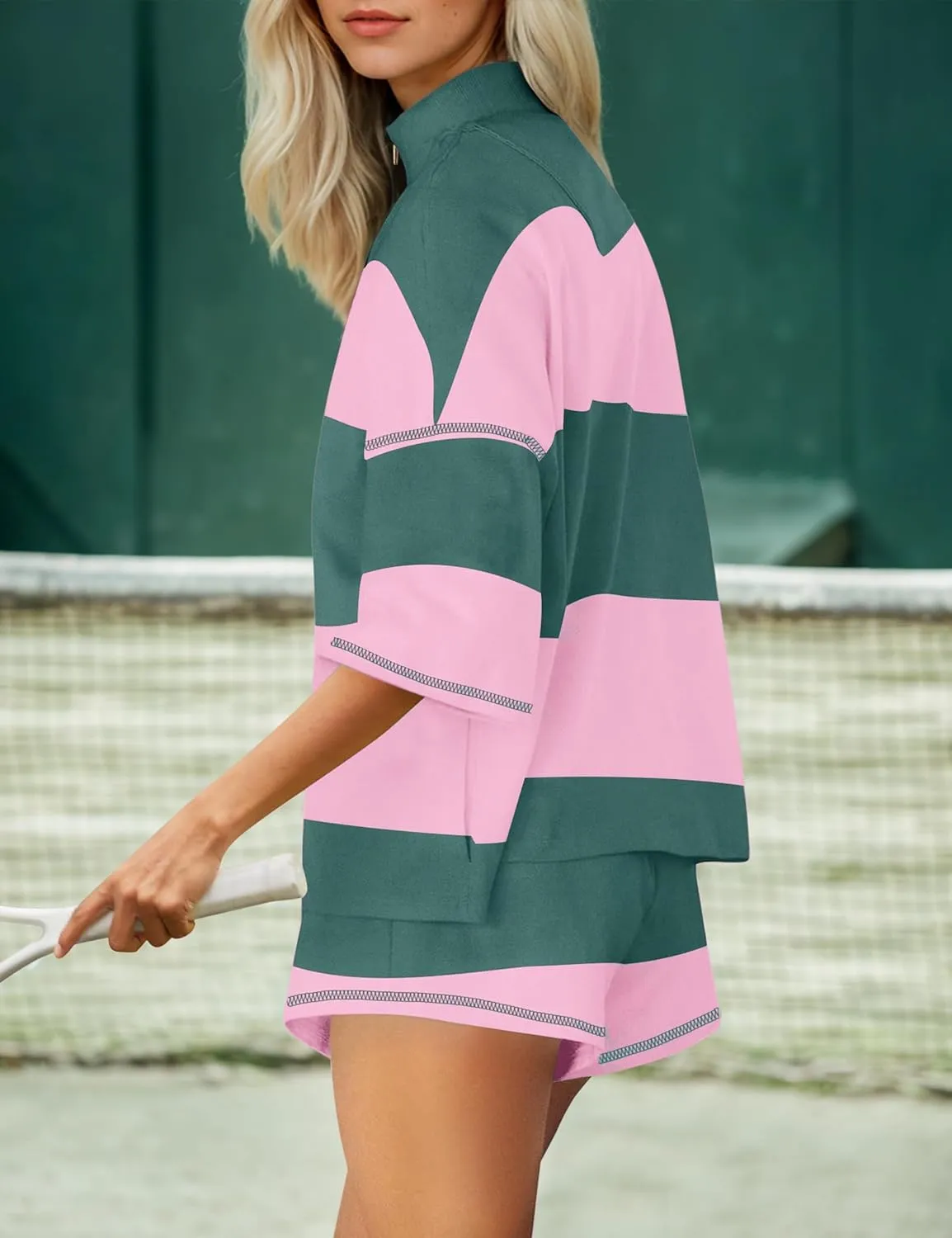 Striped 2 Piece Sweat Sets For Women Half Zip Short Sleeve T Shirts Shorts Sets Summer Lounge Sets Loose Workout Sets