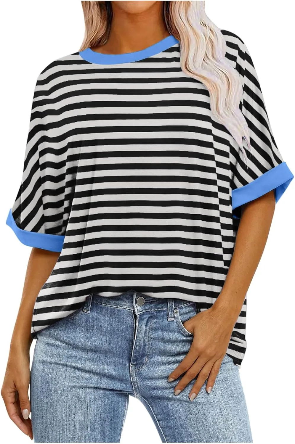 Striped Shirt Women Women's Fashion Half Sleeve Tshirts Shirts Summer Crewneck Workout Tops Casual 2025 Trendy