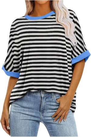 Striped Shirt Women Women's Fashion Half Sleeve Tshirts Shirts Summer Crewneck Workout Tops Casual 2025 Trendy