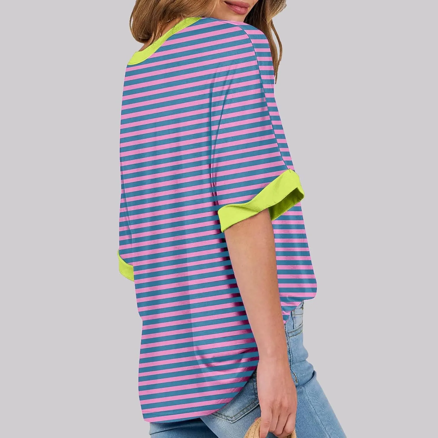 Striped Shirt Women Women's Fashion Half Sleeve Tshirts Shirts Summer Crewneck Workout Tops Casual 2025 Trendy
