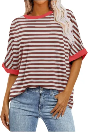 Striped Shirt Women Women's Fashion Half Sleeve Tshirts Shirts Summer Crewneck Workout Tops Casual 2025 Trendy