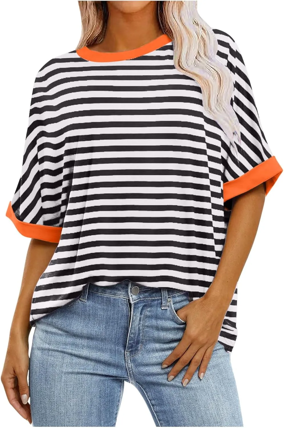 Striped Shirt Women Women's Fashion Half Sleeve Tshirts Shirts Summer Crewneck Workout Tops Casual 2025 Trendy