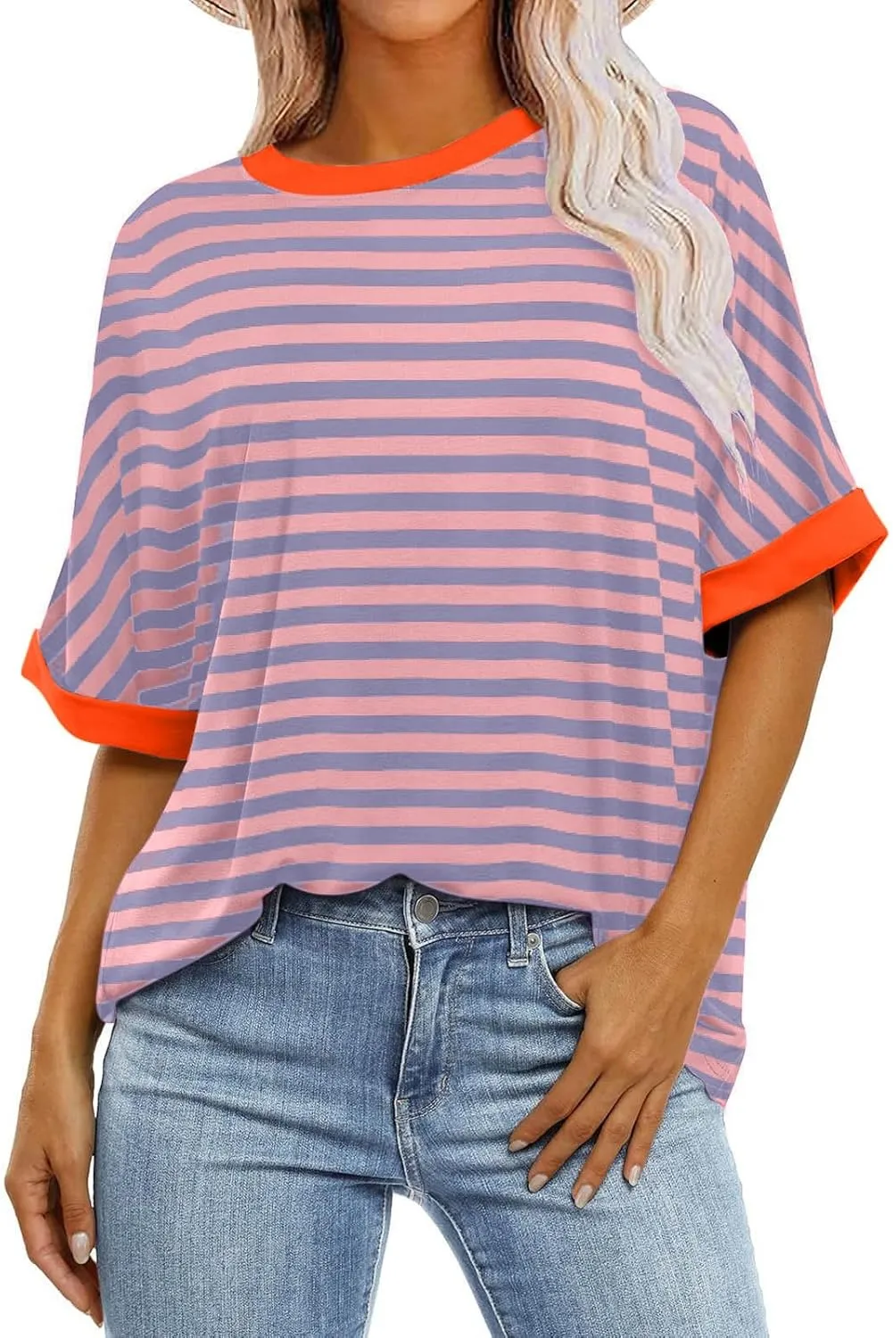 Striped Shirt Women Women's Fashion Half Sleeve Tshirts Shirts Summer Crewneck Workout Tops Casual 2025 Trendy