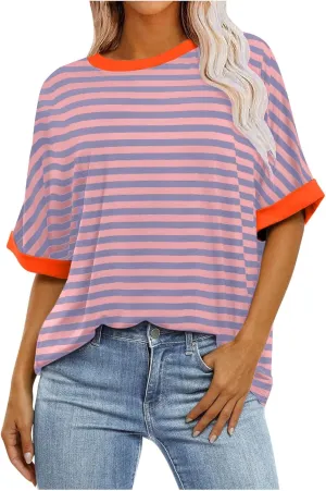 Striped Shirt Women Women's Fashion Half Sleeve Tshirts Shirts Summer Crewneck Workout Tops Casual 2025 Trendy