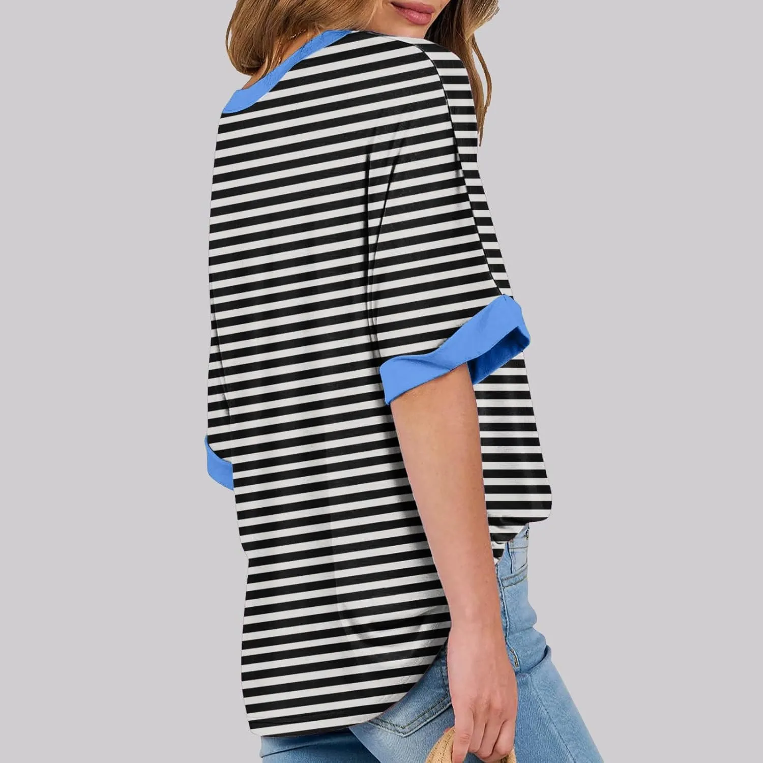 Striped Shirt Women Women's Fashion Half Sleeve Tshirts Shirts Summer Crewneck Workout Tops Casual 2025 Trendy