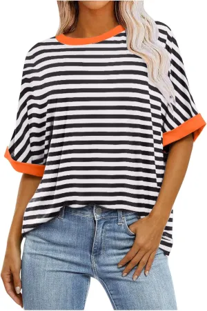Striped Shirt Women Women's Fashion Half Sleeve Tshirts Shirts Summer Crewneck Workout Tops Casual 2025 Trendy