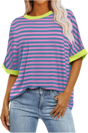 Striped Shirt Women Women's Fashion Half Sleeve Tshirts Shirts Summer Crewneck Workout Tops Casual 2025 Trendy