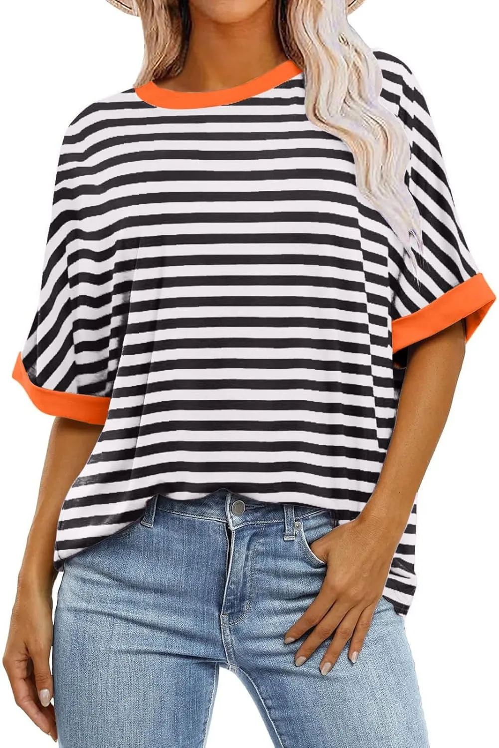 Striped Shirt Women Women's Fashion Half Sleeve Tshirts Shirts Summer Crewneck Workout Tops Casual 2025 Trendy