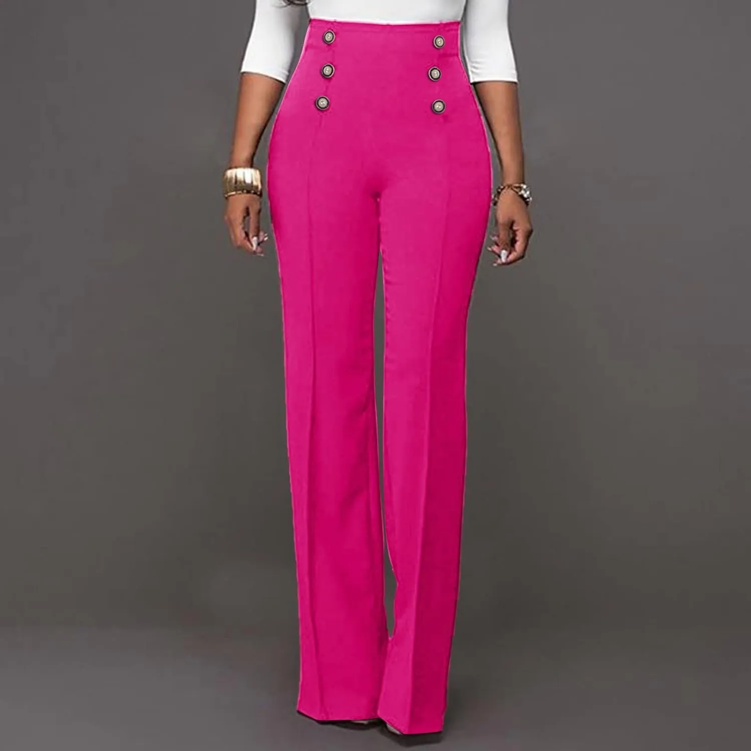 Stylish Elastic High Waist Straight Wide Leg Trousers for Womens Casual Lightweight Solid Color Soft Comfortable Button Pants