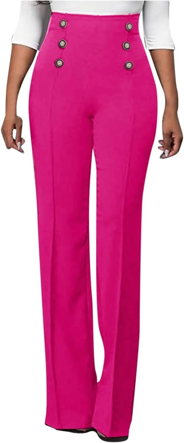 Stylish Elastic High Waist Straight Wide Leg Trousers for Womens Casual Lightweight Solid Color Soft Comfortable Button Pants