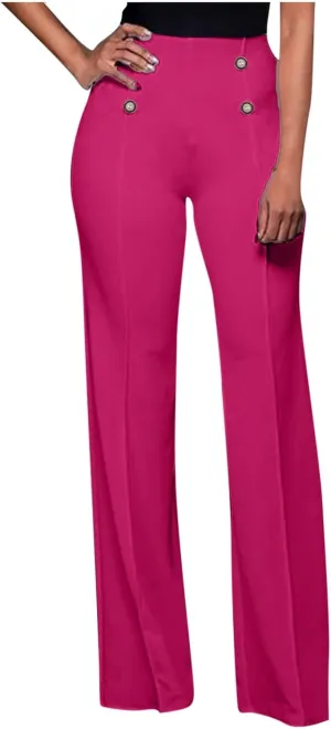 Stylish Elastic High Waist Straight Wide Leg Trousers for Womens Casual Lightweight Solid Color Soft Comfortable Button Pants