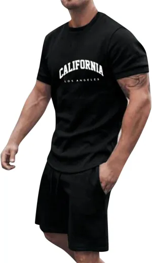 Summer Outfits for Men Palm Tree Print Short Sleeve T-Shirt Drawstring Shorts Loose Fit Tracksuit Sets 7" 2 Pack