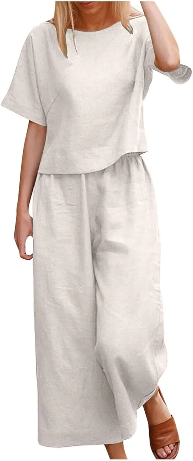 Summer Outfits for Women 2 Piece Cotton Linen Set Boyfriend Oversized T Shirts Straight Leg Pant Plus Size Tracksuit