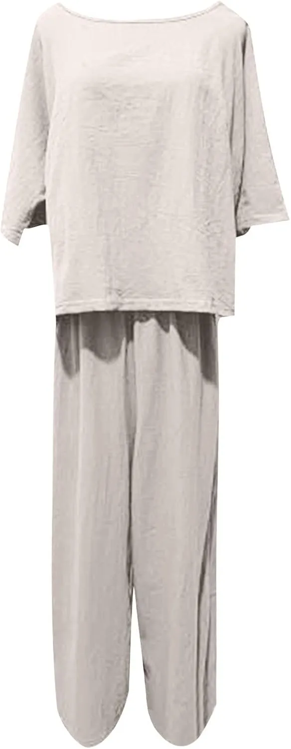 Summer Outfits for Women 2 Piece Cotton Linen Set Boyfriend Oversized T Shirts Straight Leg Pant Plus Size Tracksuit