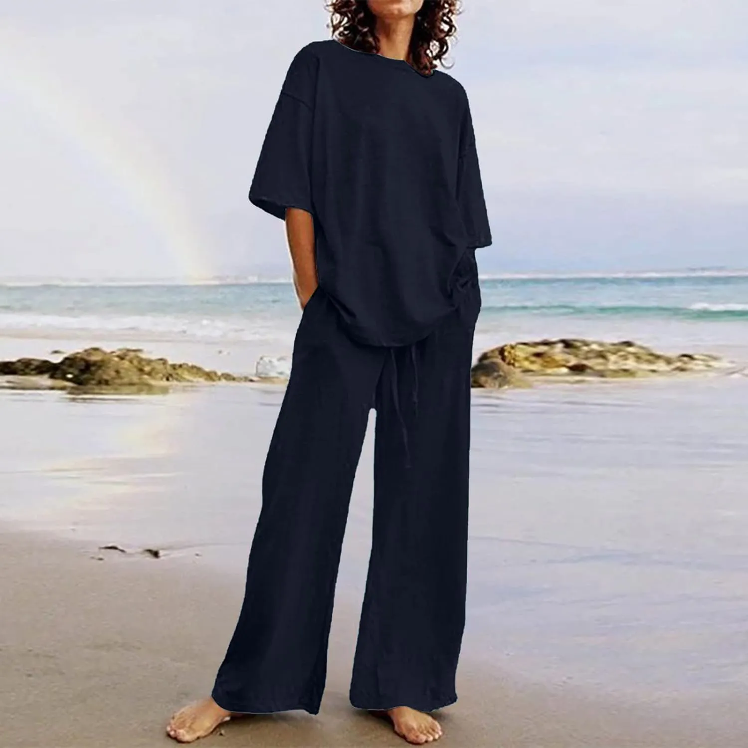 Summer Outfits for Women 2 Piece Cotton Linen Set Boyfriend Oversized T Shirts Straight Leg Pant Plus Size Tracksuit