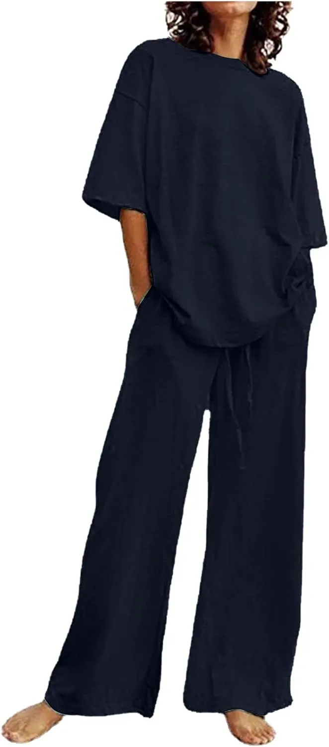 Summer Outfits for Women 2 Piece Cotton Linen Set Boyfriend Oversized T Shirts Straight Leg Pant Plus Size Tracksuit