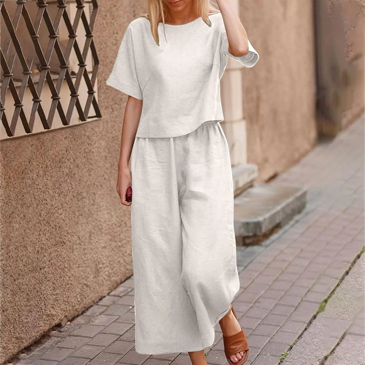 Summer Outfits for Women 2 Piece Cotton Linen Set Boyfriend Oversized T Shirts Straight Leg Pant Plus Size Tracksuit