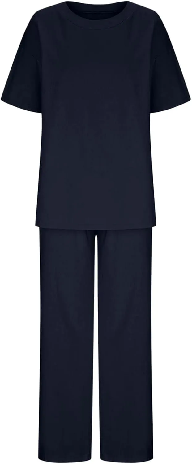 Summer Outfits for Women 2 Piece Cotton Linen Set Boyfriend Oversized T Shirts Straight Leg Pant Plus Size Tracksuit