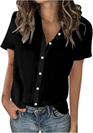 Summer Outfits for Women 2025 Button Down Short Sleeve Regular Fit Shirts Cotton Linen Comfy Casual Work Tshirt