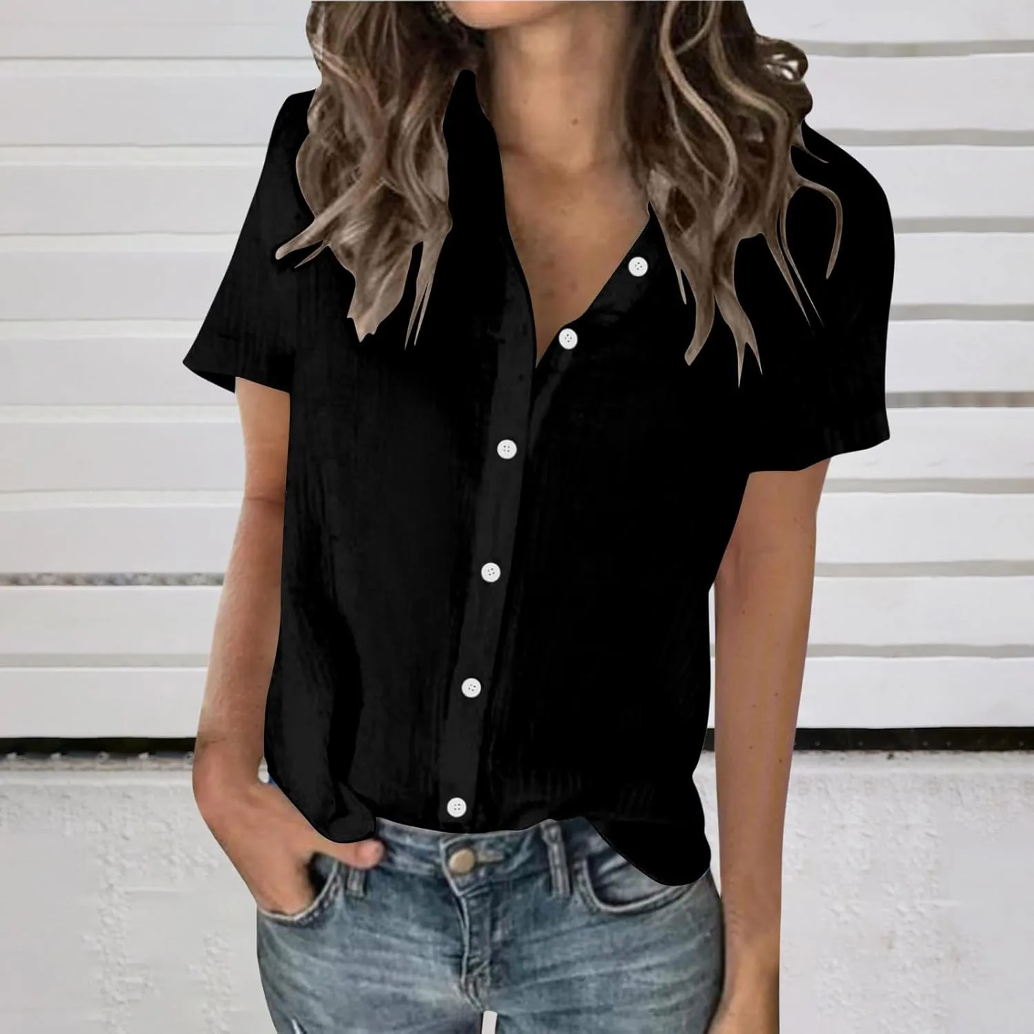 Summer Outfits for Women 2025 Button Down Short Sleeve Regular Fit Shirts Cotton Linen Comfy Casual Work Tshirt