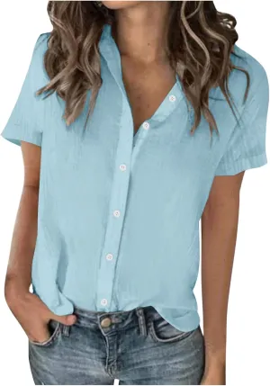 Summer Outfits for Women 2025 Button Down Short Sleeve Regular Fit Shirts Cotton Linen Comfy Casual Work Tshirt