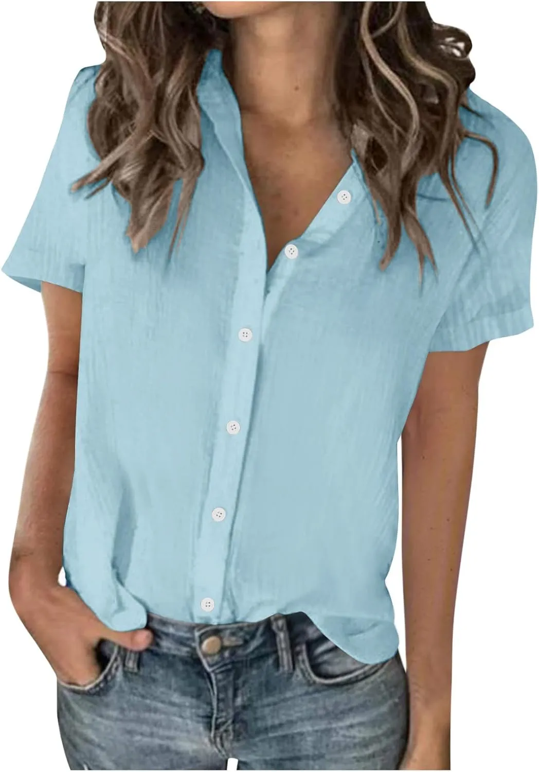 Summer Outfits for Women 2025 Button Down Short Sleeve Regular Fit Shirts Cotton Linen Comfy Casual Work Tshirt