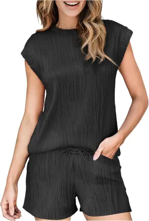Summer Sets for Women Cap Sleeve Textured Knits Tops and Drawstring Waisted Shorts Sets Matching Sets Sweatsuits