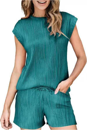 Summer Sets for Women Cap Sleeve Textured Knits Tops and Drawstring Waisted Shorts Sets Matching Sets Sweatsuits