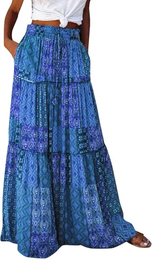 Summer Skirts for Women 2025 Boho Floral Print High Waist Elastic Tiered Flowy Long Beach Skirt with Pockets