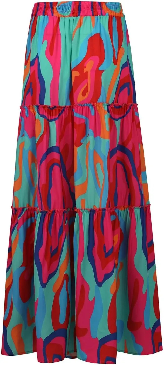Summer Skirts for Women 2025 Boho Floral Print High Waist Elastic Tiered Flowy Long Beach Skirt with Pockets