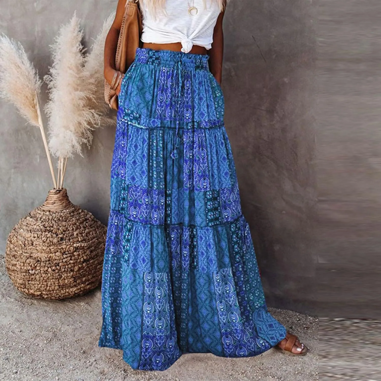 Summer Skirts for Women 2025 Boho Floral Print High Waist Elastic Tiered Flowy Long Beach Skirt with Pockets